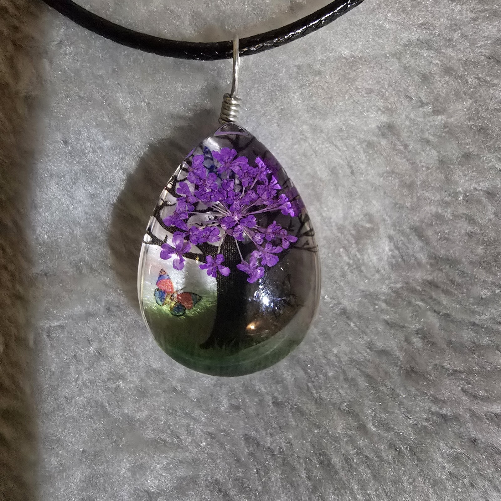Handcrafted Resin Teardrop Floral Pendant Necklace, Purple/Clear Cord, Lobster