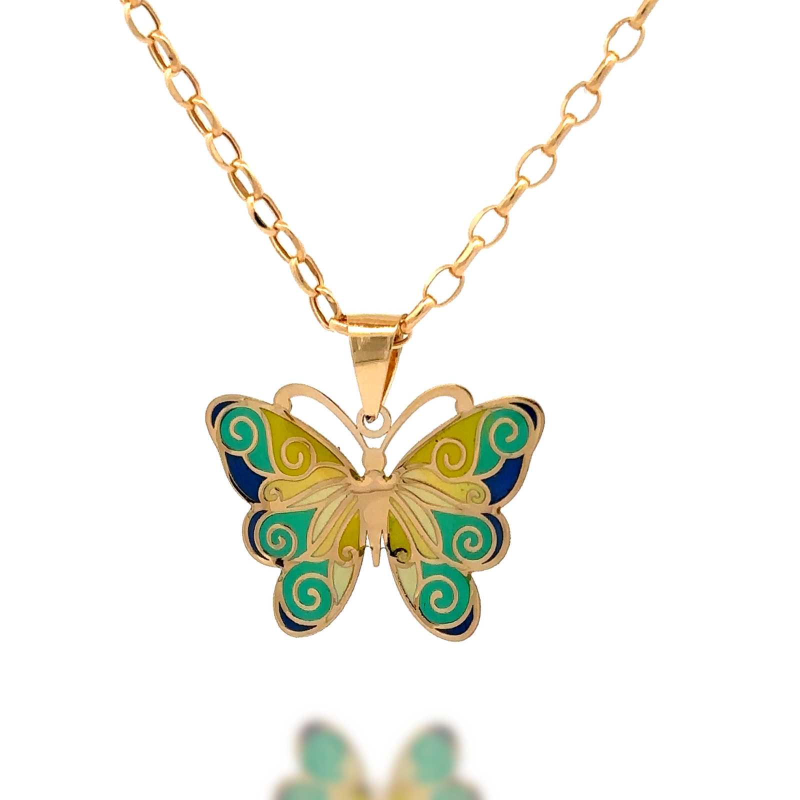 Solid 14K Gold Pendant Necklace Chain Butterfly Hand-Painted Blue and Green