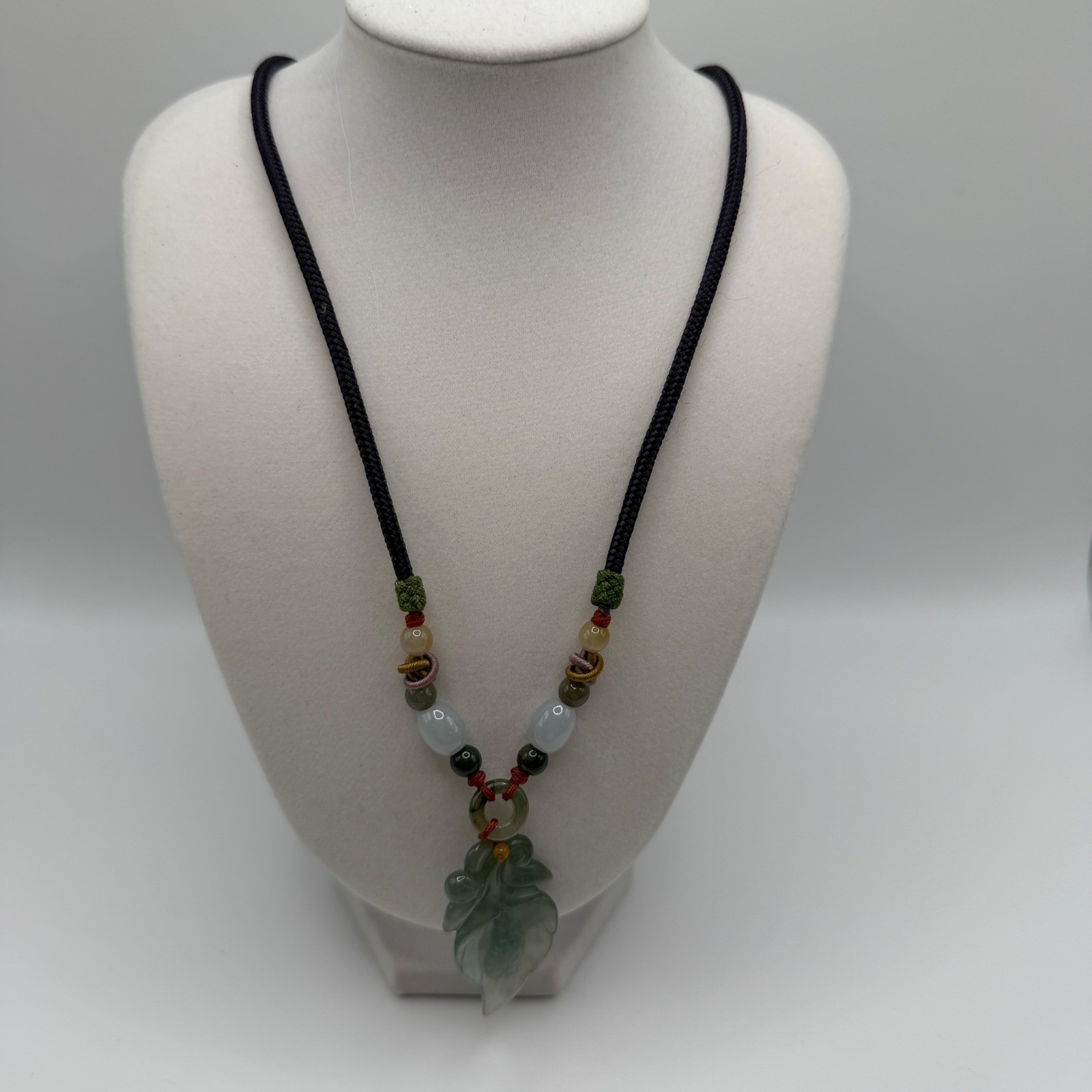 Carved Green Burmese Jadeite Jade Leaf Pendant Black Silk Cord Mixed Beads