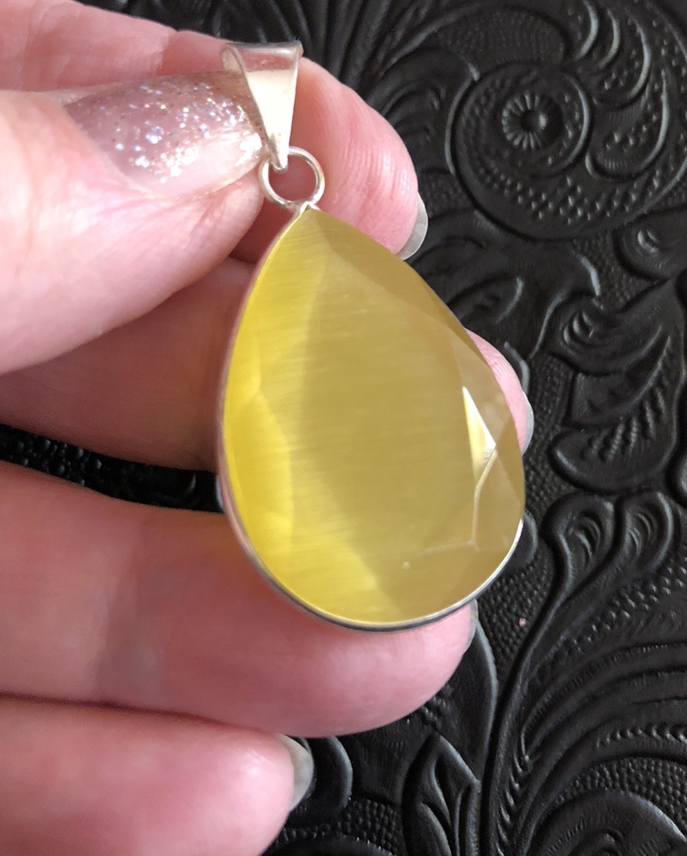 Yellow Cat’s Eye Faceted Crystal 1.5” Teardrop Pendant Artisan