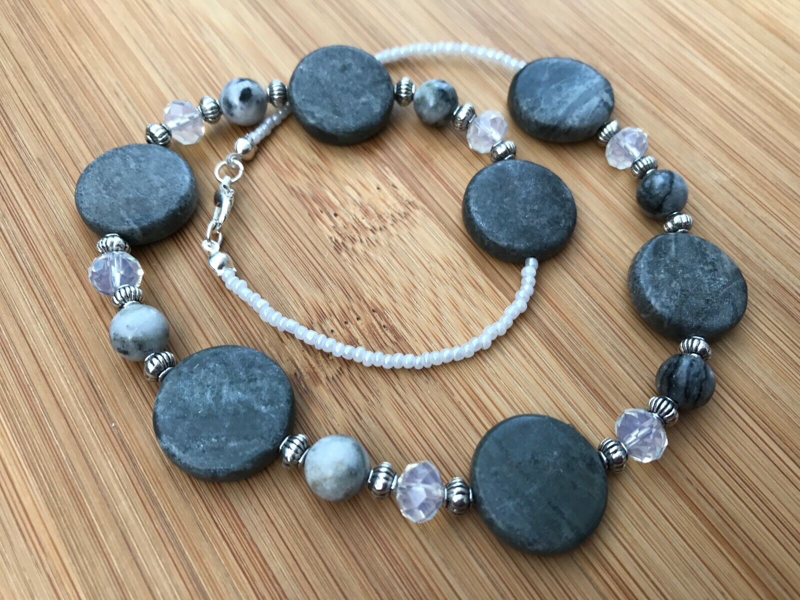 Handmade Necklace of Green Marble, Jungle Jasper Stone, and Clear Glass Beads