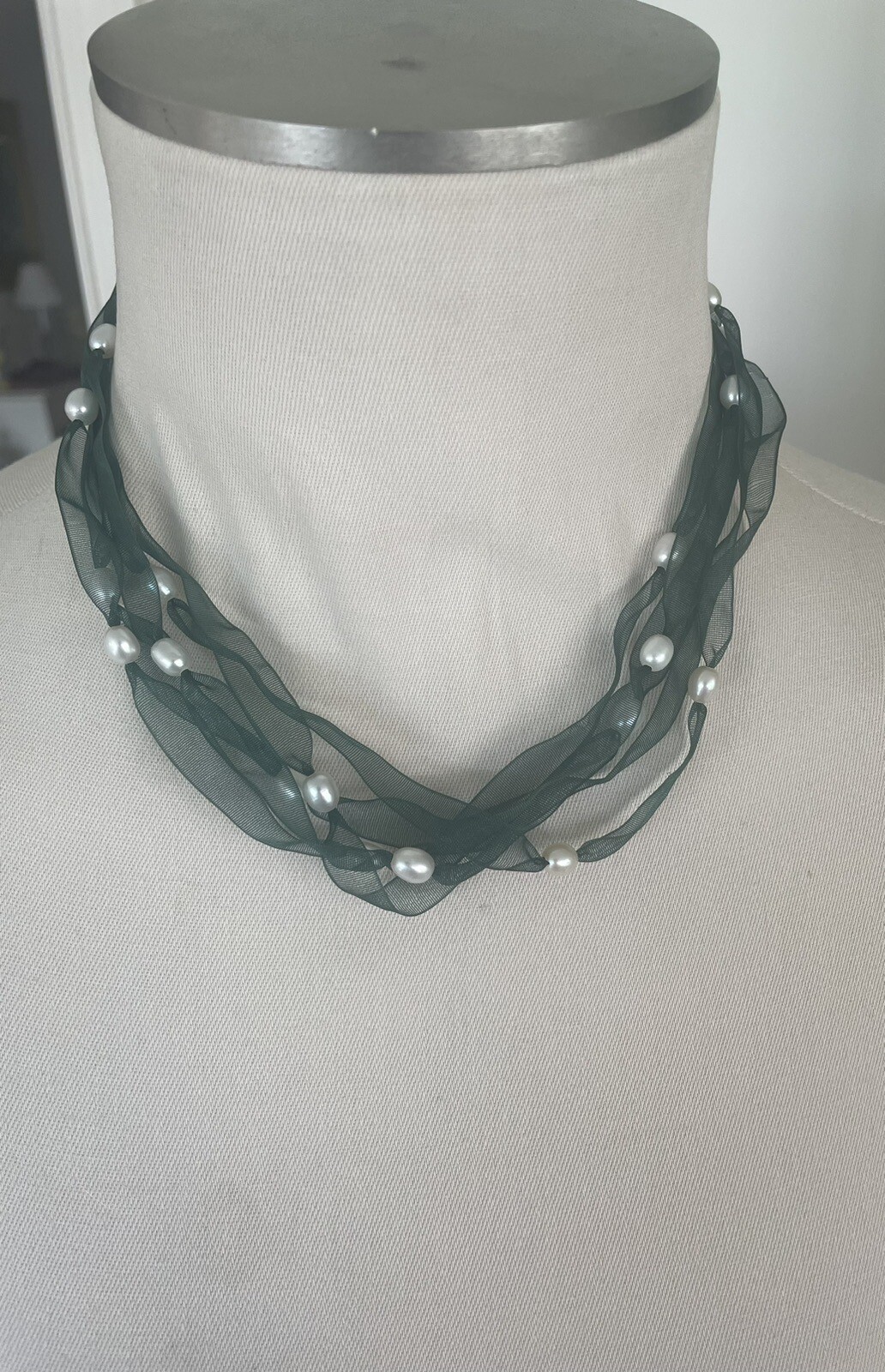 Green Ribbon Necklace with Pearls 5 Strands Vintage