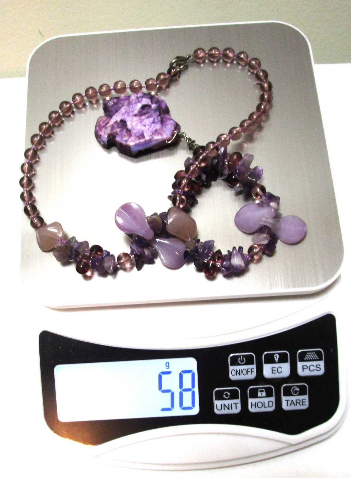 Irregular Amethyst main stone necklace tourmaline, glass balls, amethyst chips