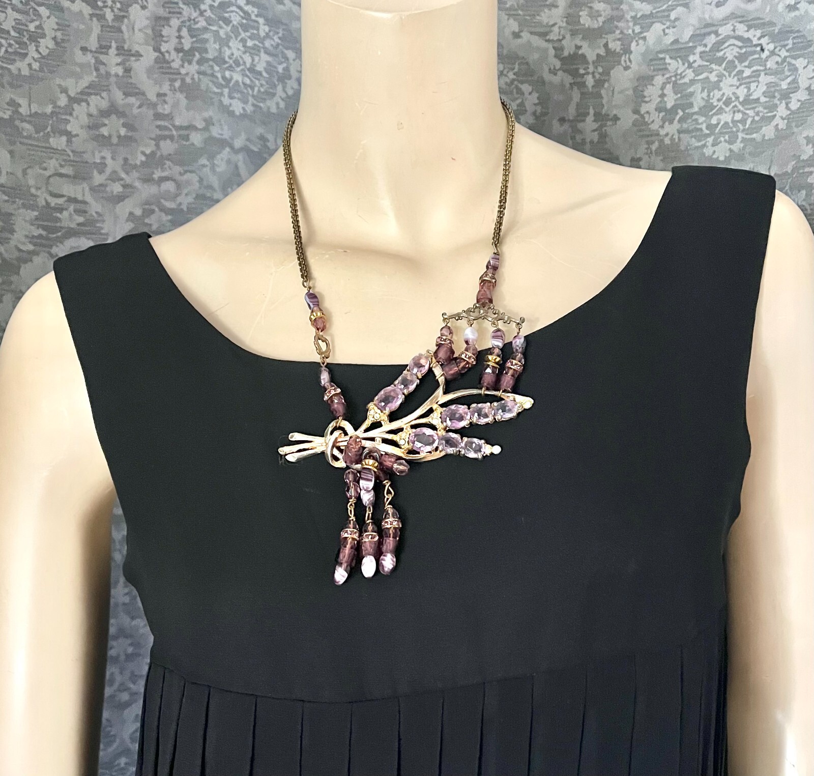 Art Deco Floral Brooch into an Assemblage Necklace, Purple, Lavender, Gold, 21″