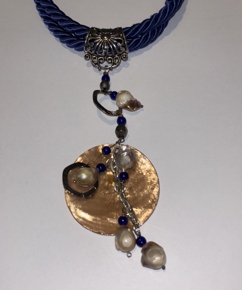 Artisan Royal Blue Rope Necklace With Metal Finishes, Pearls And Shell Pen 24in