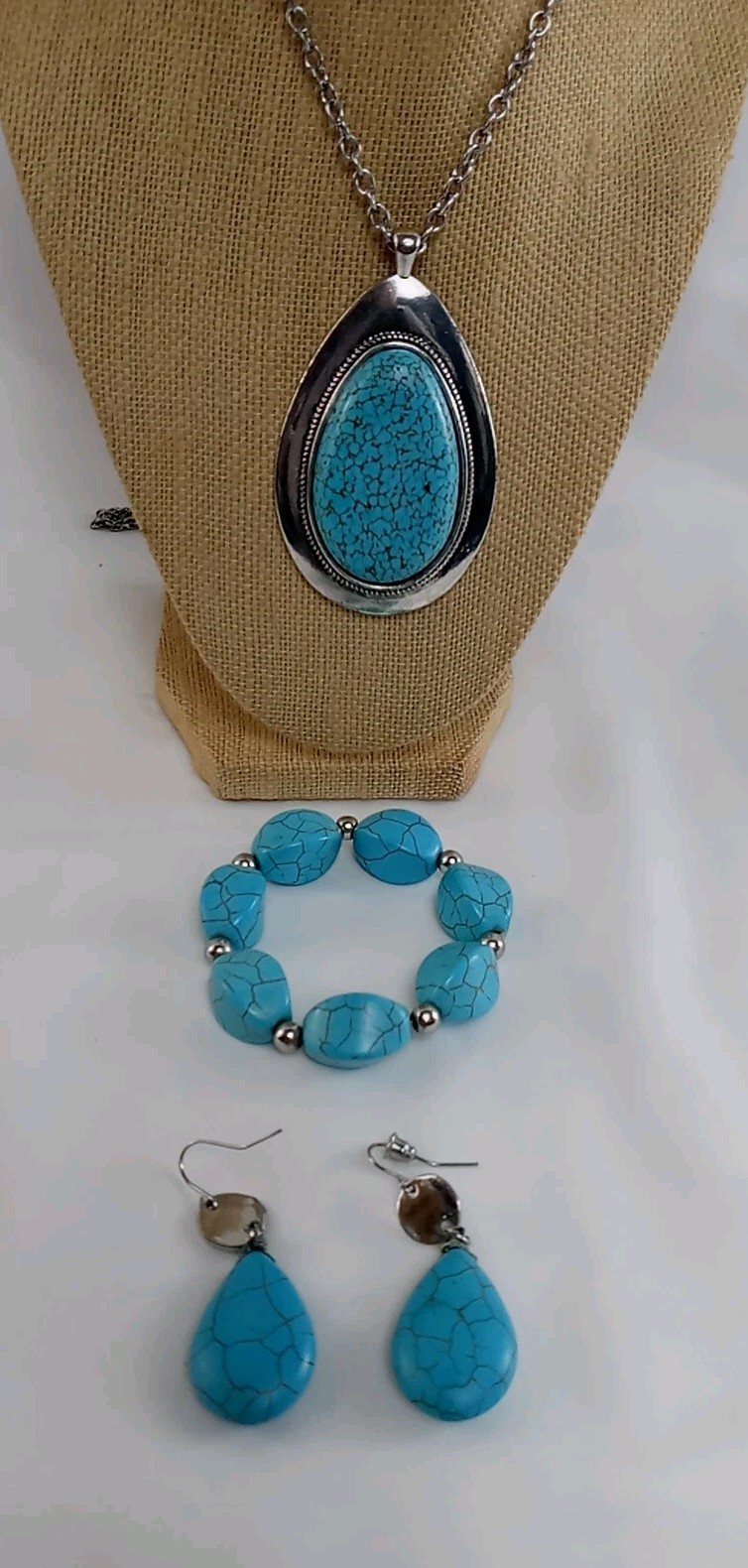 Bracelet Earing And Pendant Set Turquoise Jewlery Silver Tone Adjustable Chain