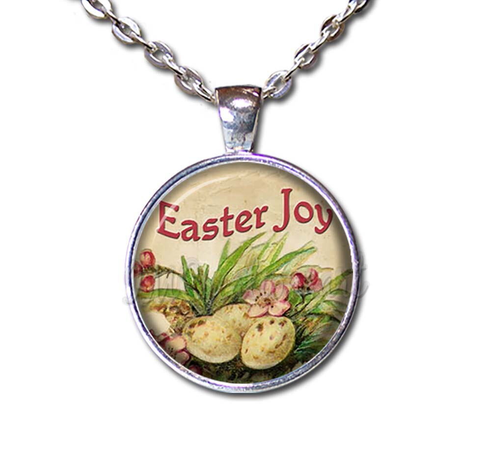 Vintage Style Easter Joy Eggs Handmade ROUND Glass Pendant Necklace Jewelry