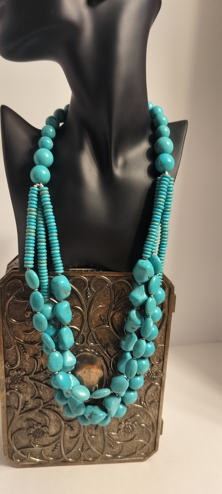 New CHICO’S Chunky Triple Strand Faux Turquoise Plastic Bead Statement Necklace