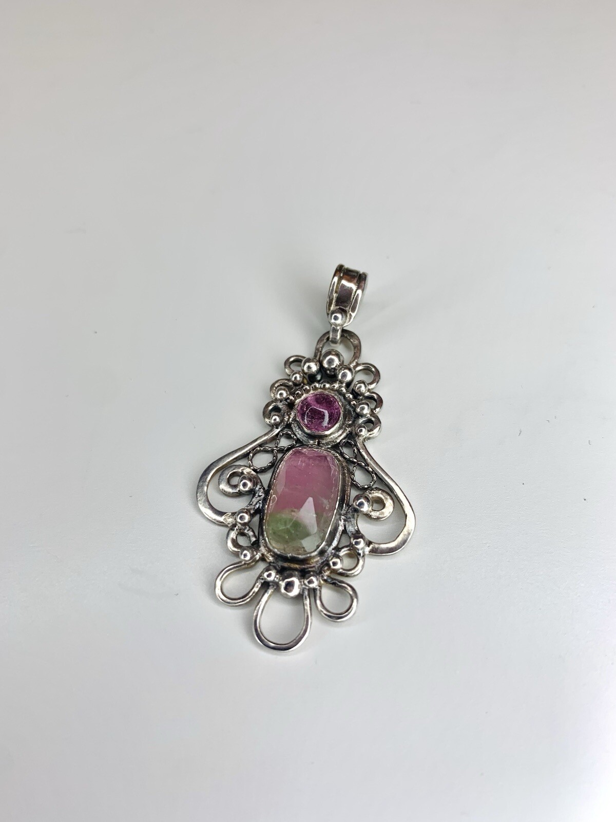Natural Watermelon Tourmaline Handmade Sterling Silver Pendant – with Rubellite