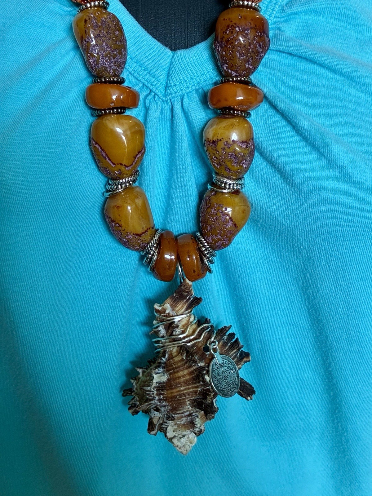 Large Amber Resin, Wire Wrapped Shell Pendant Necklace, Beige Suede Ties