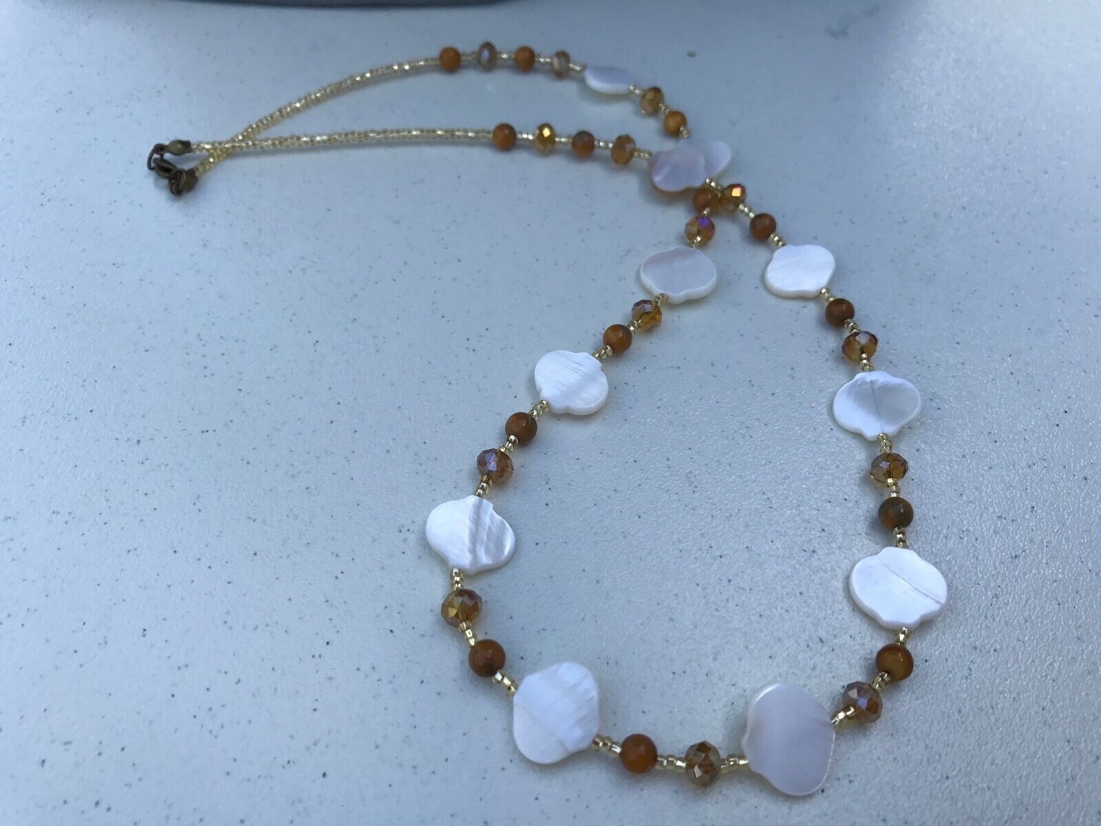 Necklace White and Brown Mother of Pearl Shell and Champagne Yellow Glass Beads