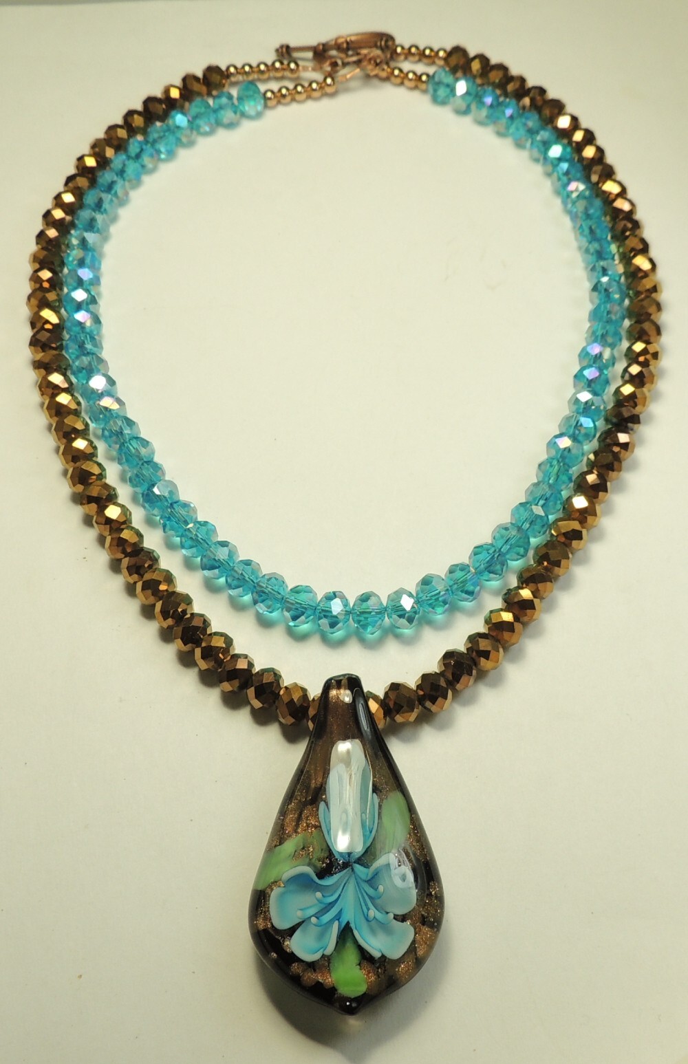 2 Strand Turquoise & Bronze Crystal Necklace Lampwork Flower Pendant Handmade