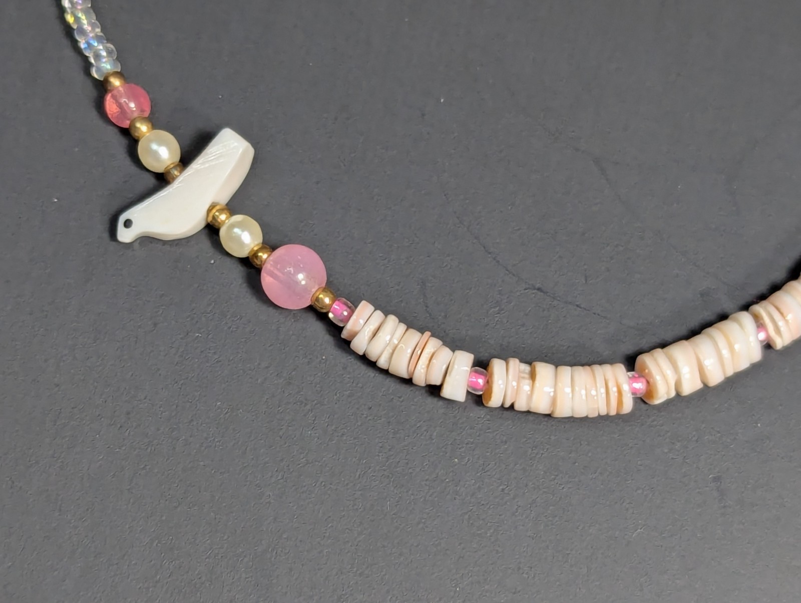 Vintage Puka Shell Choker Necklace 13.75″ Hand Carved Birds Pink