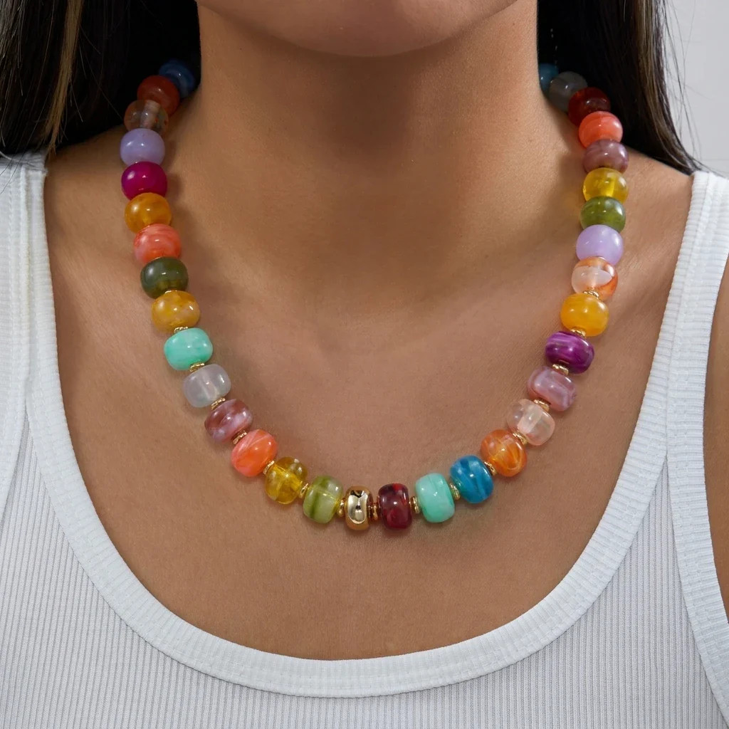 Chunky Dopamine Colorful Resin Bead Necklace for Women Y2K Aesthetic Rainbow Can