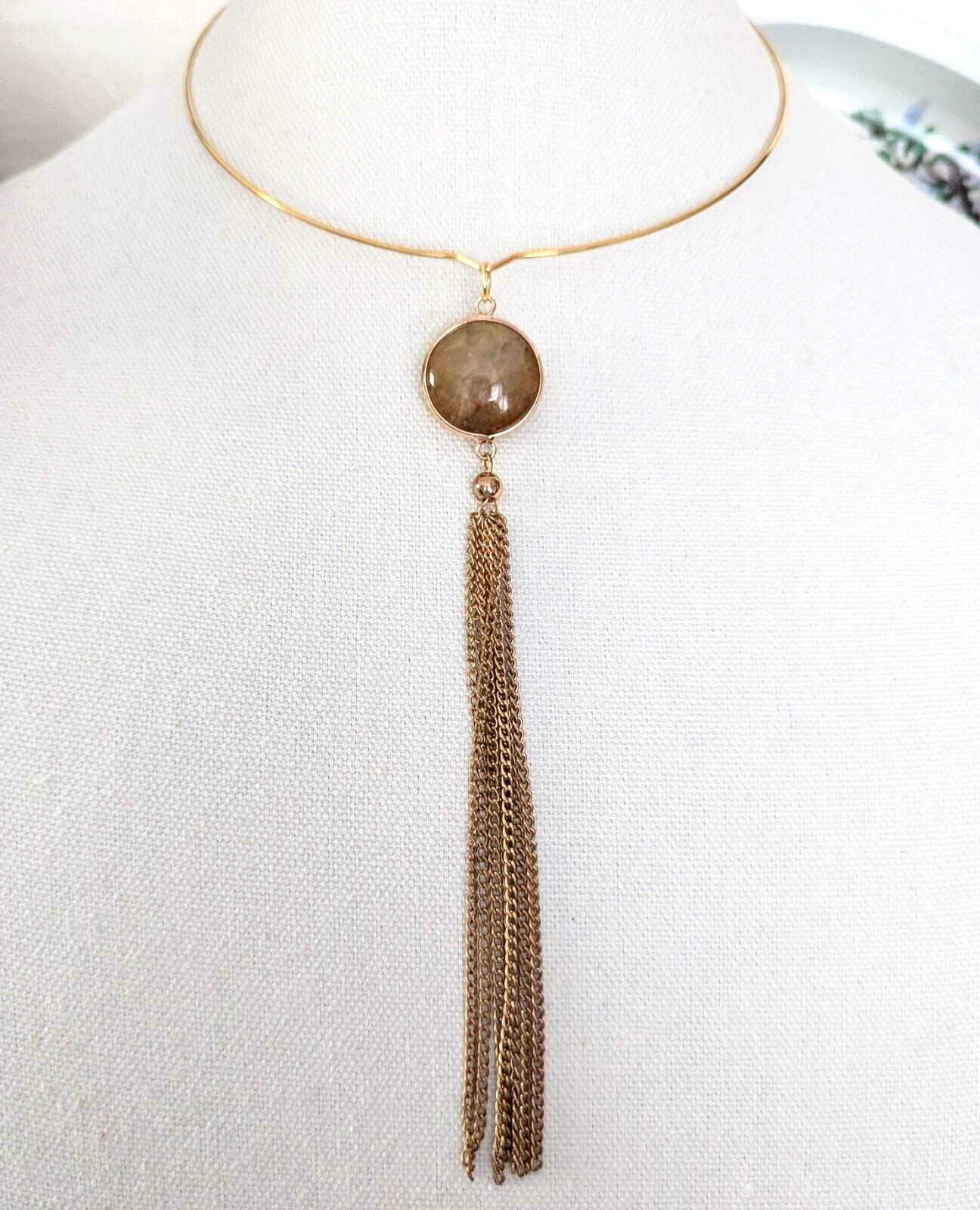 Dragon Veins Agate Choker Pendant Necklace Tassel Fringe Boho Statement Jewelry