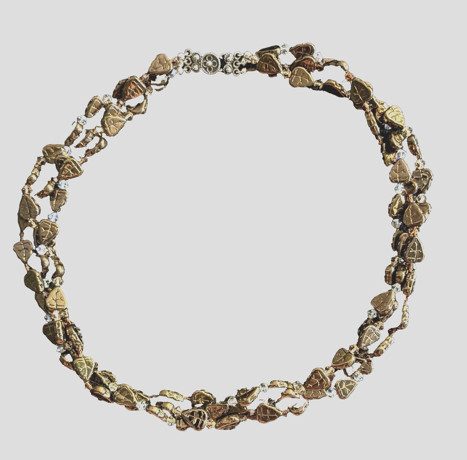 Handcrafted Beaded Multi-Strand Leaf Necklace Bronze Silver Box Clasp 17 1/2”