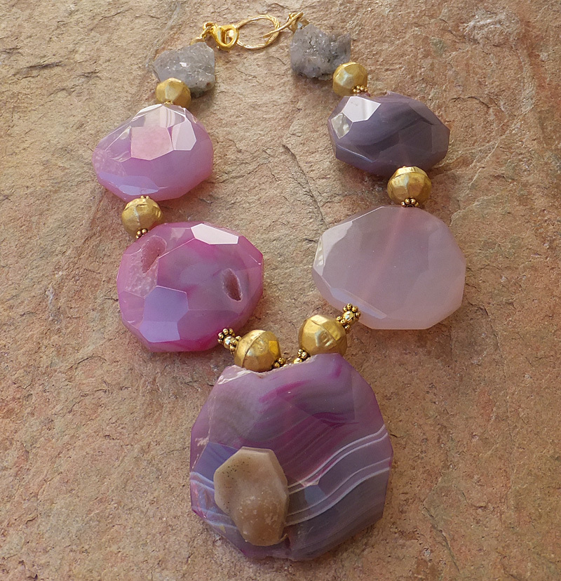 Pink Druzy Pendant Purple Crystal Geode Quartz Agate Statement Necklace Gold