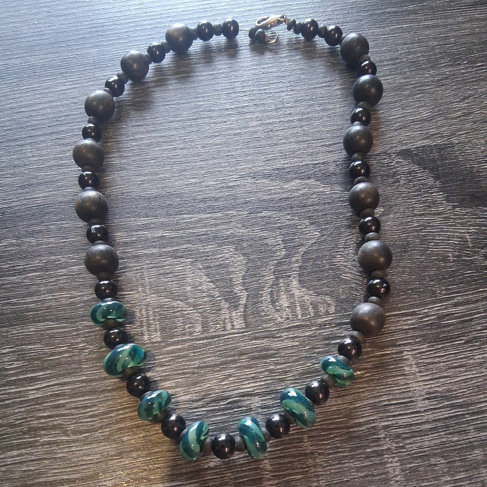 Handcrafted Beaded Green Blue Glass and Black Beaded Necklace 19 In