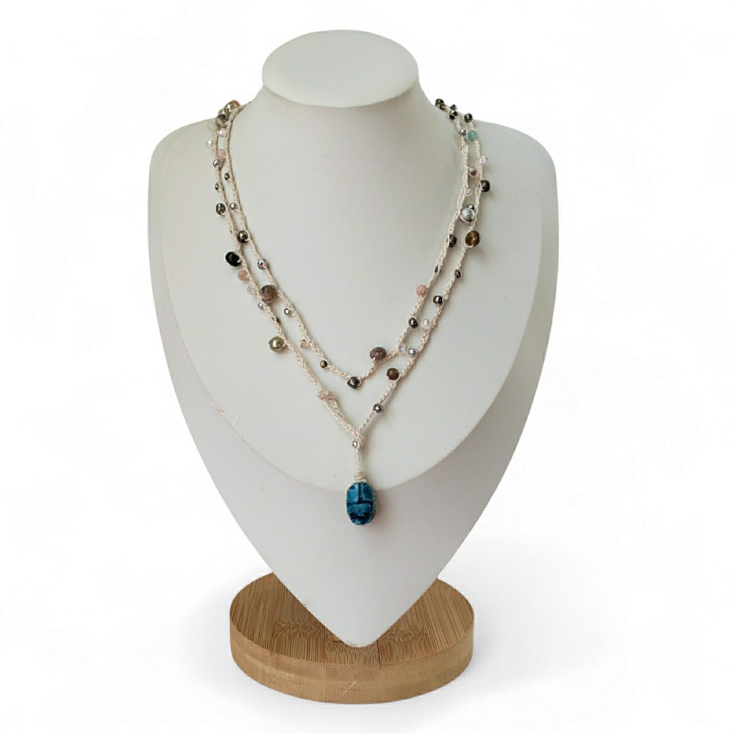 Thread & Luster Hand-Crocheted Cotton Necklace W/ Vintage Beads & Scarab Button