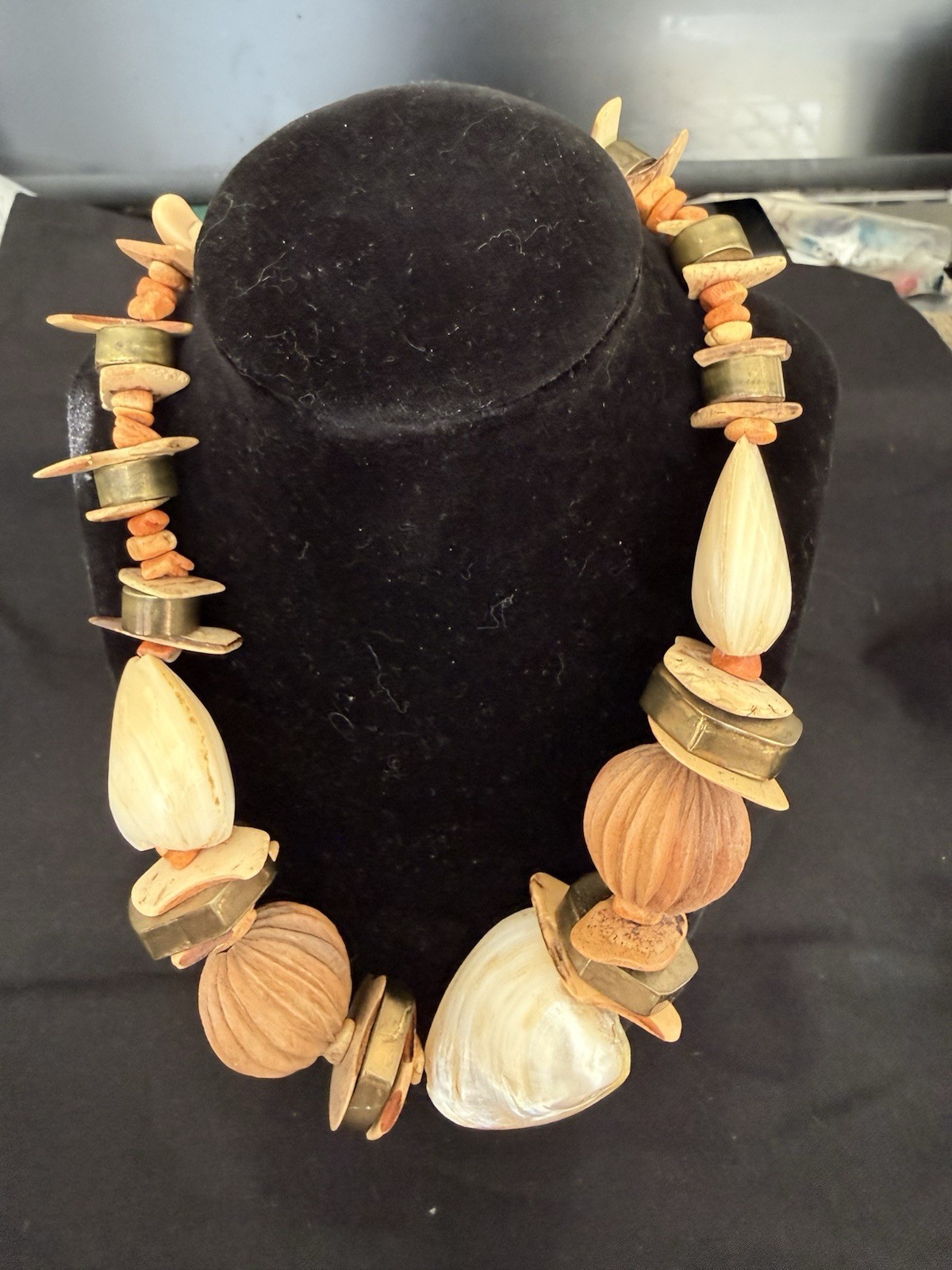 Handcrafted Shell Wood Statement Beaded Necklace Teardrop Beige Brown