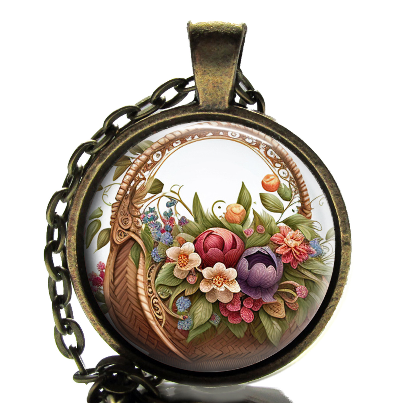 Vintage Flower Basket Art Nouveau Pendant Necklace Handcrafted Photo Jewelry