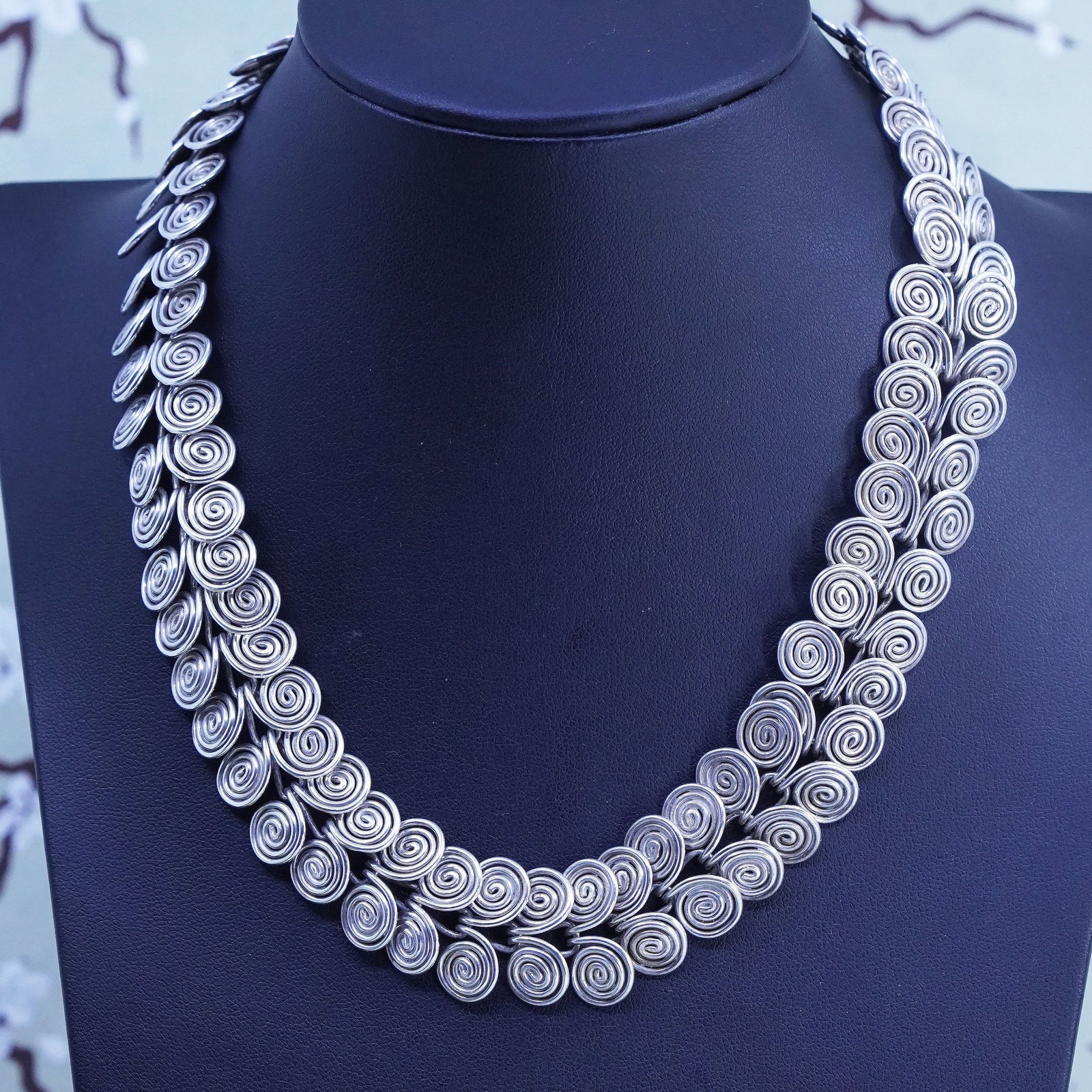 16″, mexico sterling silver swirly sprial bold necklace, 925 statement chain