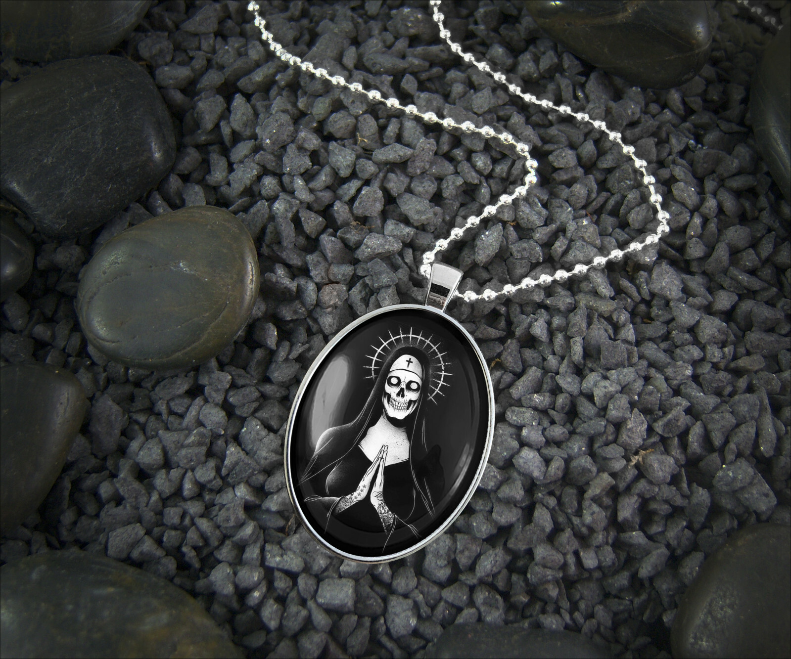 Santa Muerte Day of the Dead Sugar Skull Sterling Silver Glass Pendant Necklace