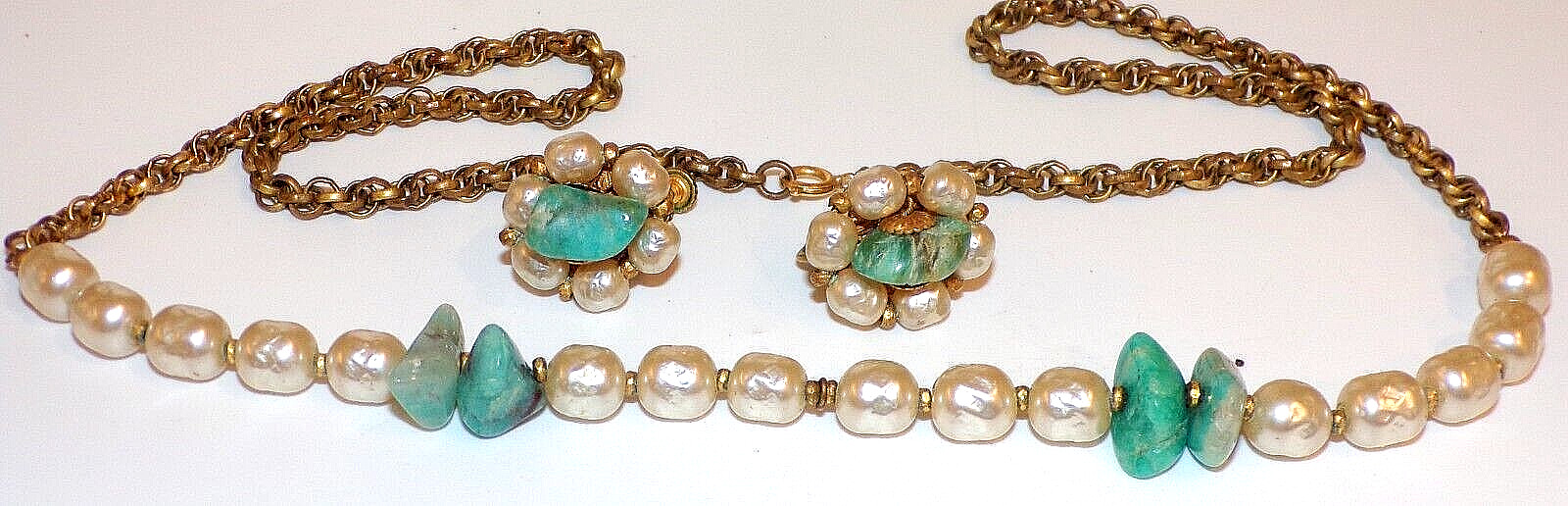 MIRIAM HASKELL DESIGNER Signed 25″ Long BAROQUE PEARL TURQ. Necklace W/ EARRINGS