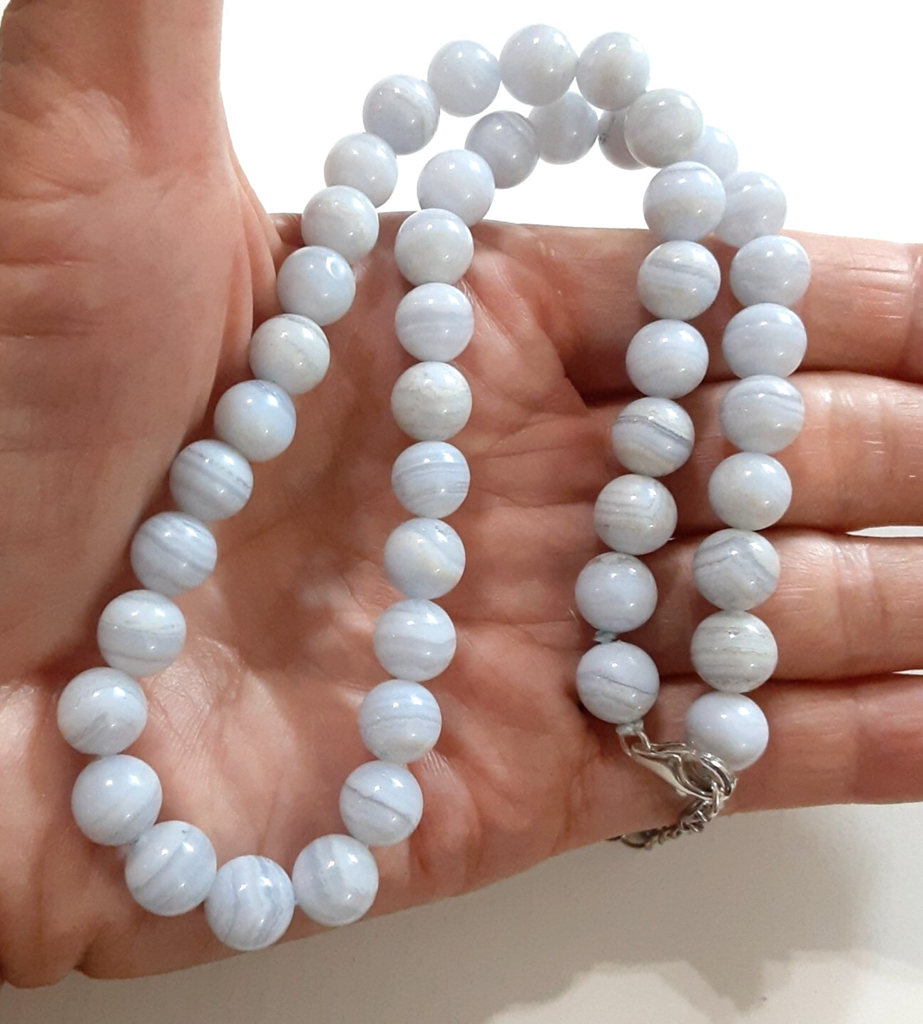 Chalcedony Lavender Lace Agate Bead Necklace 925 Sterling Silver 15.5*18.5