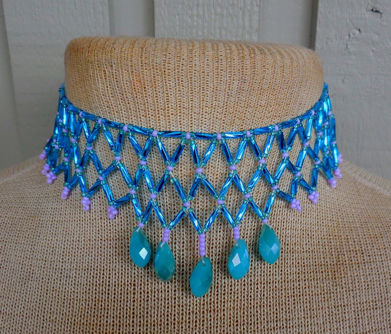 Netted Weave Beaded Adjustable Choker Necklace in Aqua Lavender Robins Egg Blue