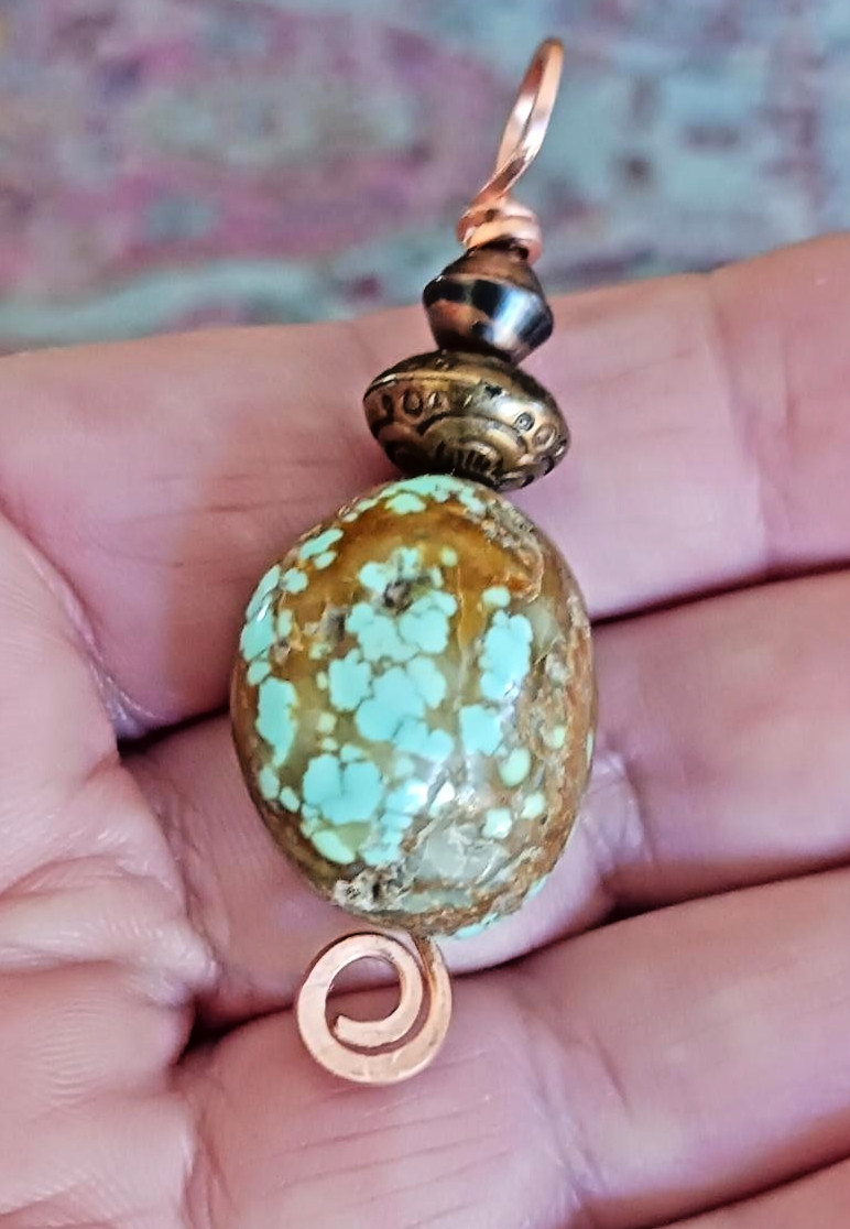 Classic Number 8 Turquoise & Bench Made Etched Copper Pearls Pendant!