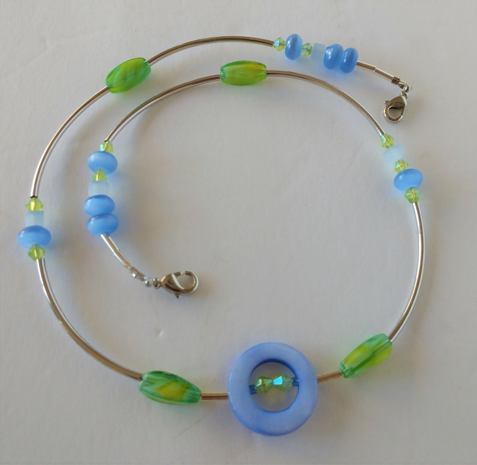 Periwinkle and Green Necklace , Lavender Blue Shells and Lime Green Glass NWT