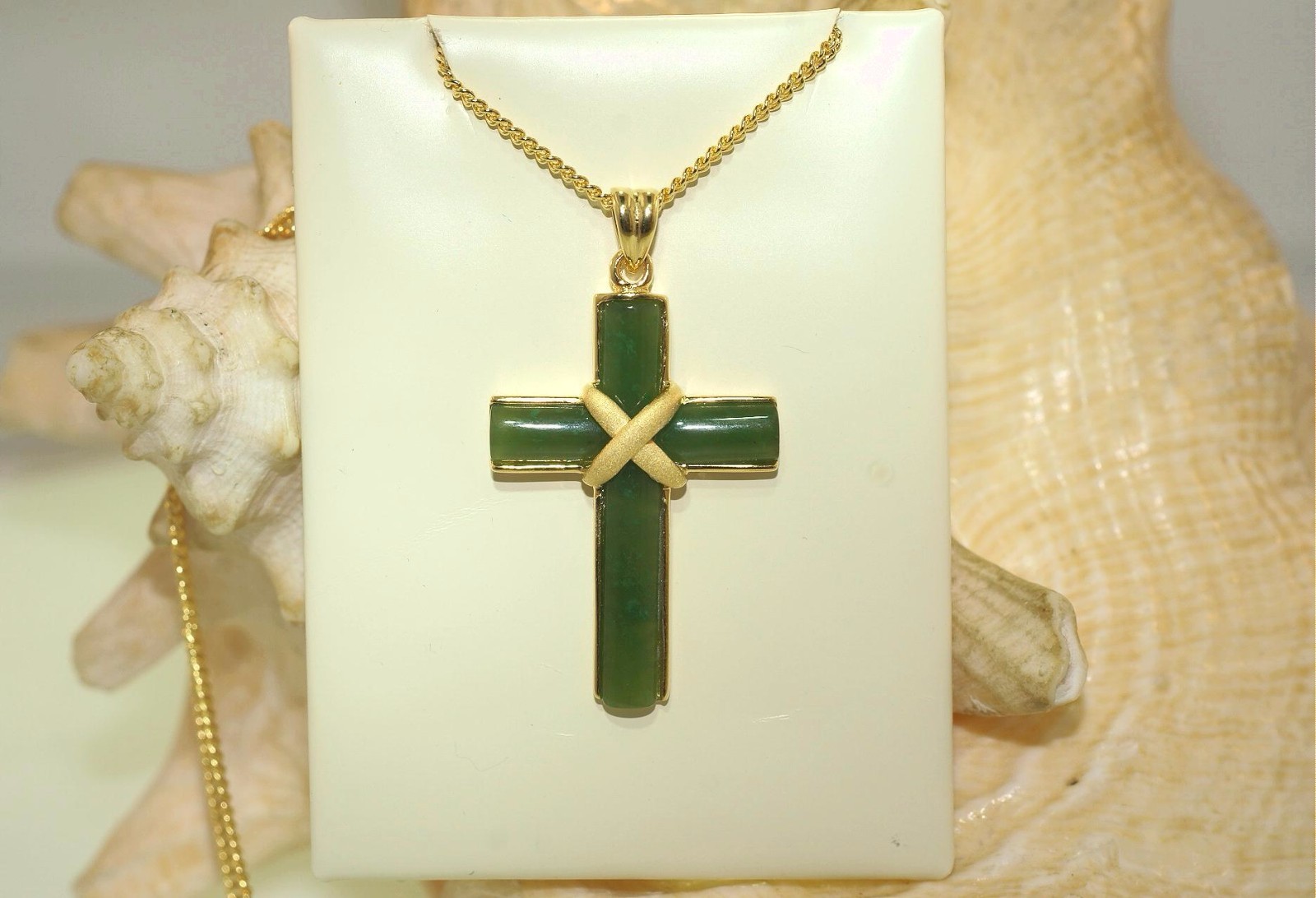 22MM GREEN NEPHRITE POLAR JADE 18K GOLD VERMEIL 925 SILVER LATIN CROSS NECKLACE