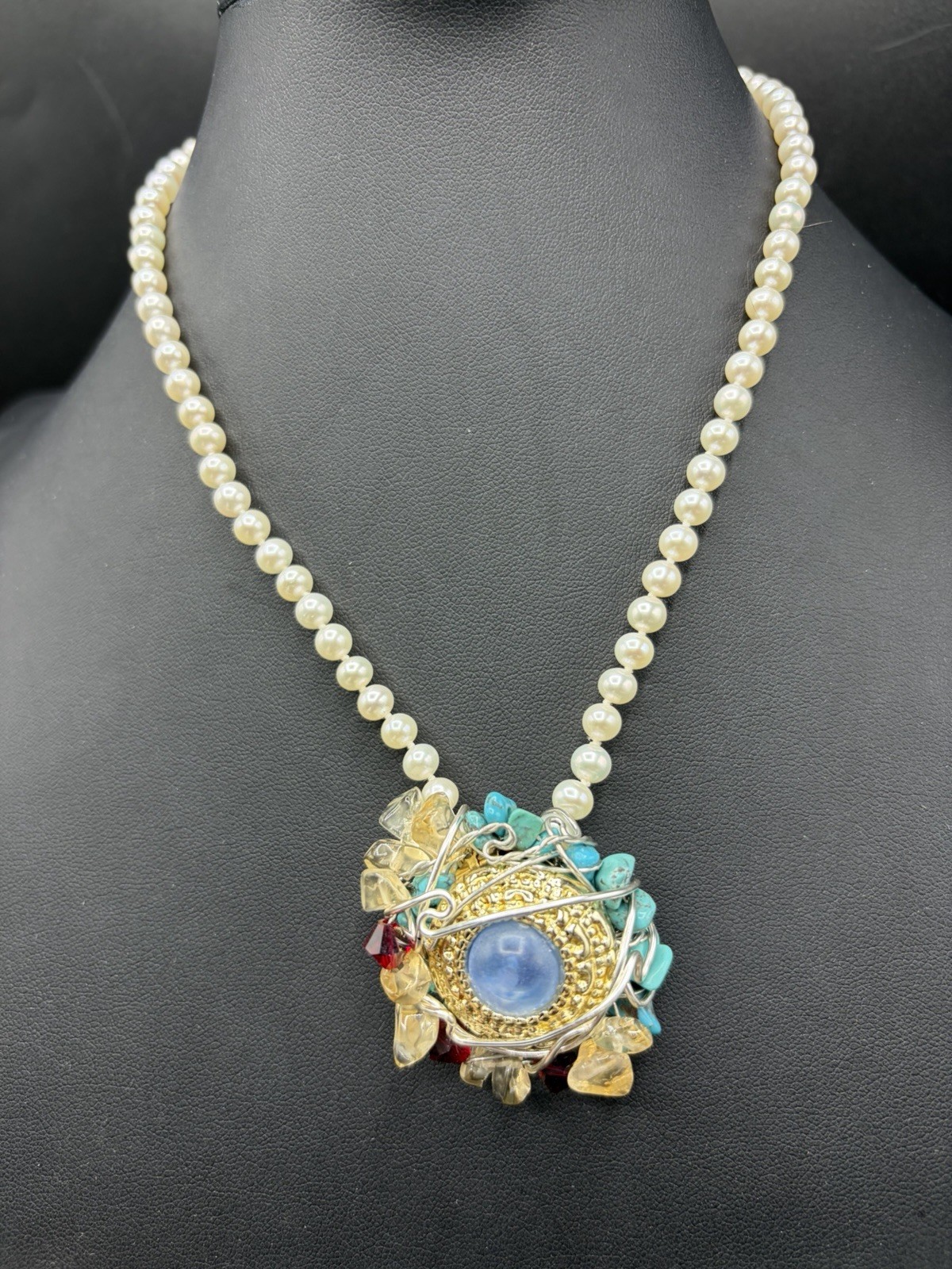 Artisan Genuine Pearl Sterling Silver 925 Necklace Wired Pendant Turquoise Stone