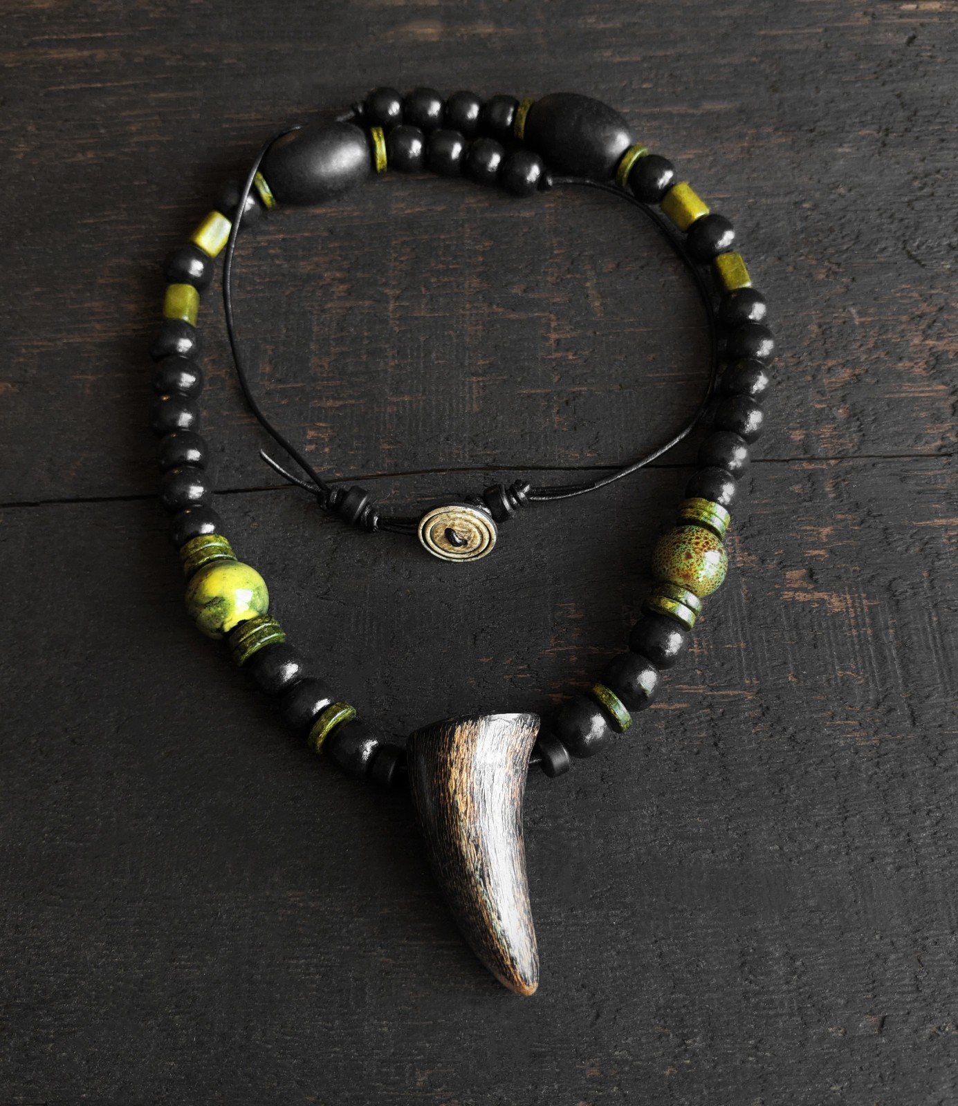 African Horn Pendant Necklace Mens Black Green Beaded Tribal Boho