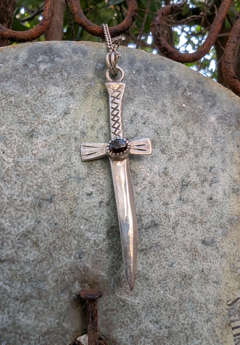 Garnet Medieval Style Artisan Hand Made Sterling Silver Sword Necklace .A19c