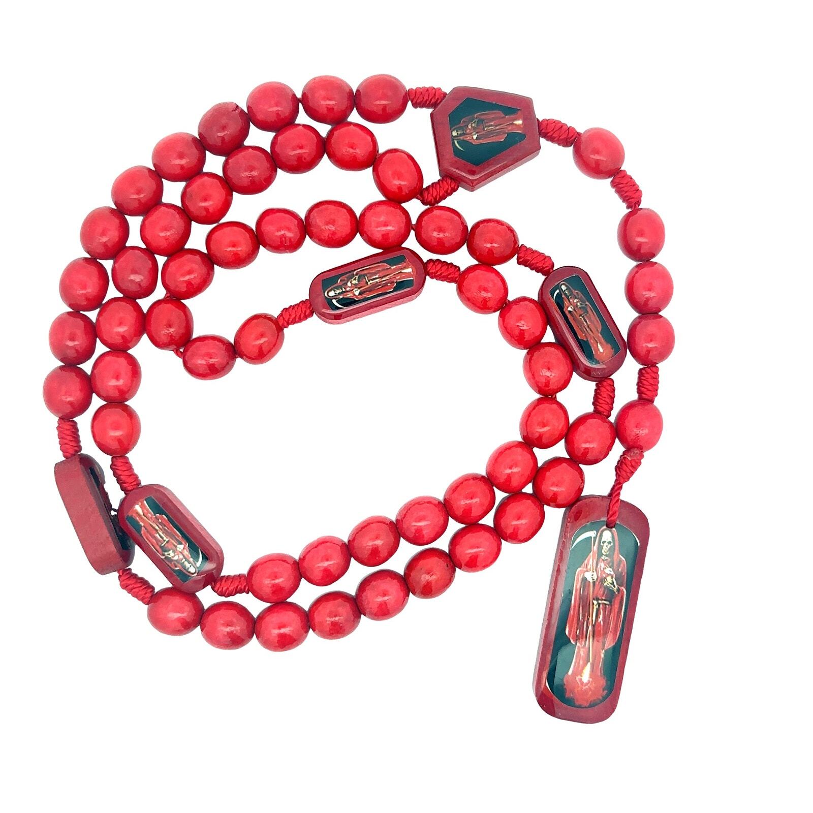 Santa Muerte Red Rosary Round beads Wood Handmade NEW
