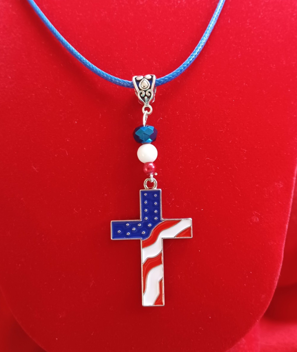 FLAG CROSS Necklace American Patriotic Red White Blue HANDMADE NEW from USA