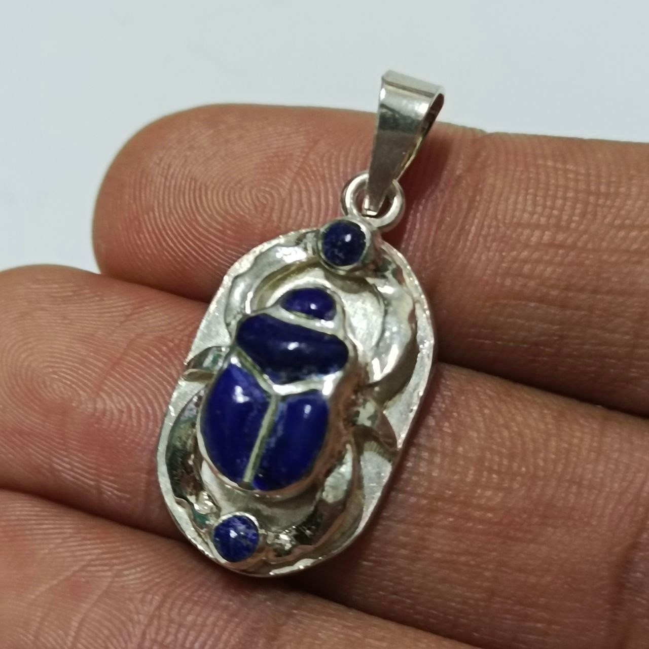 Handmade 925 silver scarab pendant with synthetic lapis lazuli, Egyptian charm
