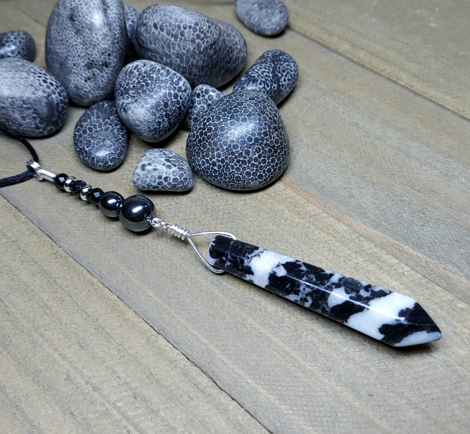 Black White Zebra Jasper Pendant With Hematite Modern Design Gemstone Necklace