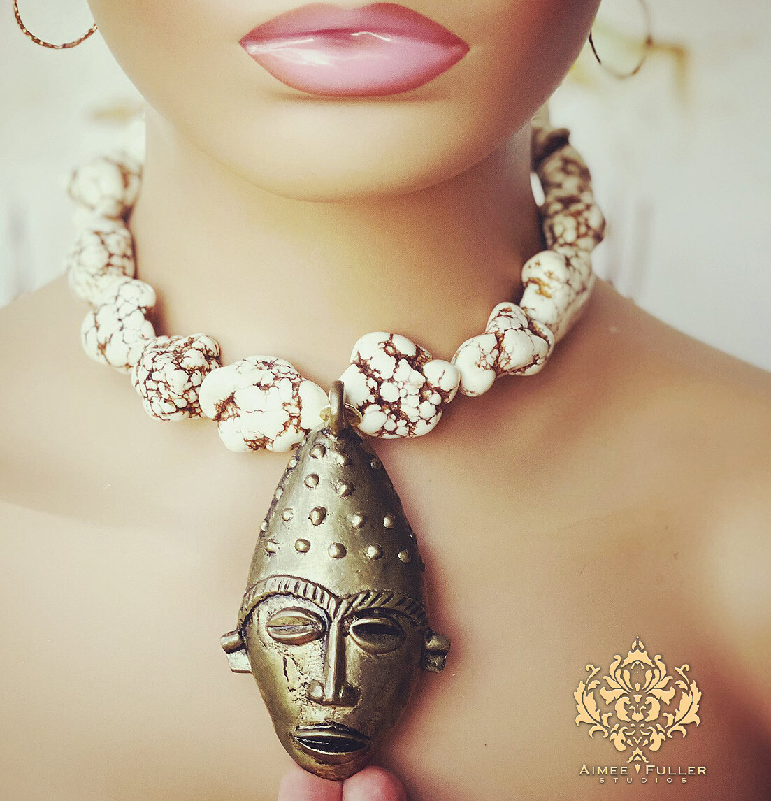 White Howlite Turquoise Statement Necklace Tribal African Brass Mask Pendant