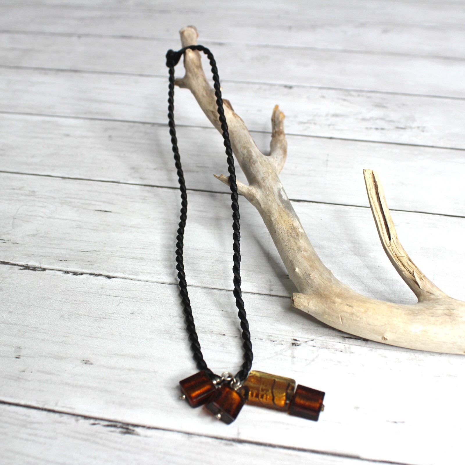 Handcrafted Women’s Rope Necklace Artisan Glass Jewelry Black Brown Pendant