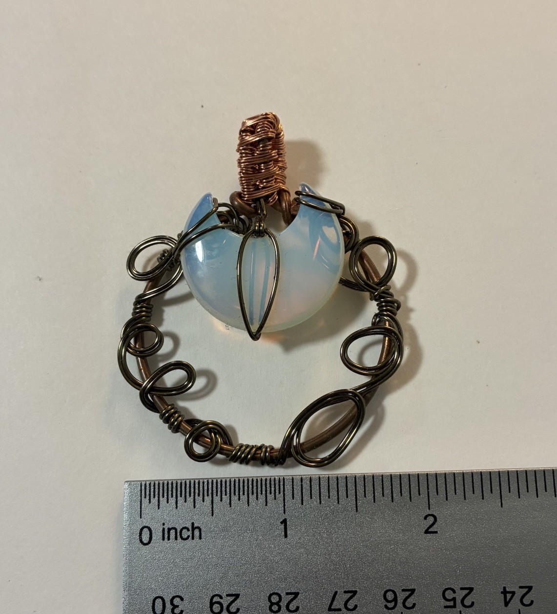 Handmade Wire Wrapped Opalite Crescent Moon Pendant Bronze Copper Tone Boho
