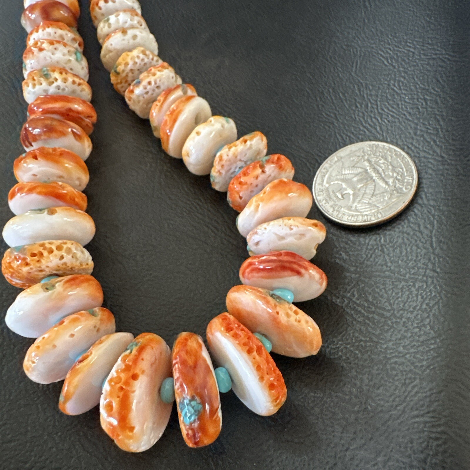 Orange Spiny Oyster Blue Turquoise Navajo Sterling Silver Necklace 23″ 18087