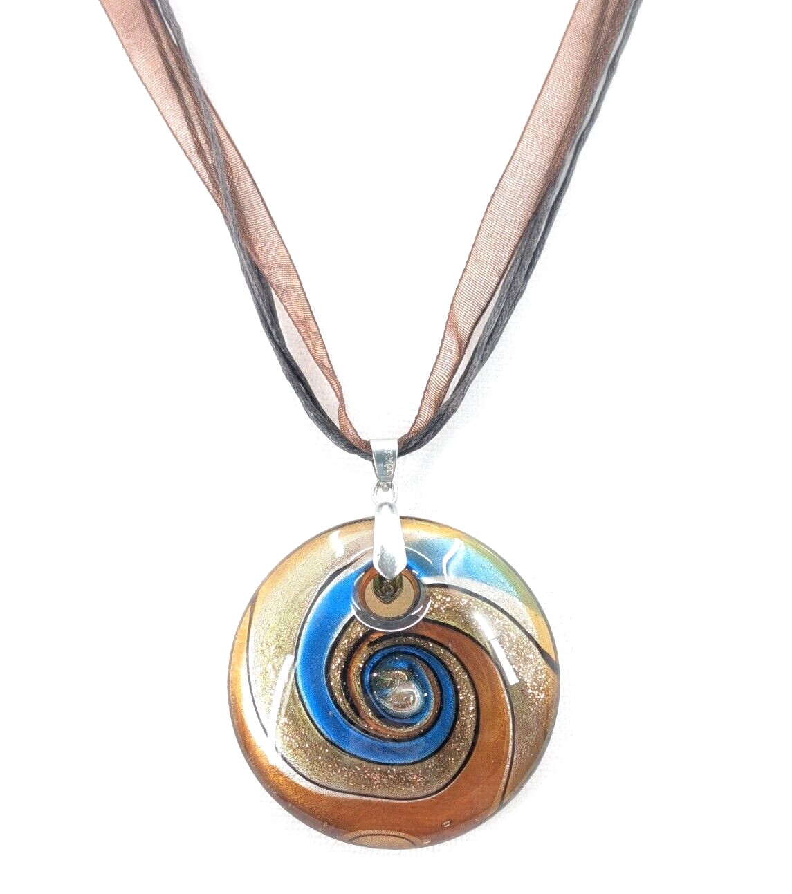 Swirl Blown Glass Glitter Brown Blue Chunky Ribbon Cord Pendant Necklace