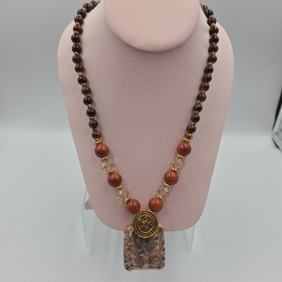 Murano Rectangular Pendant Brown/Gold Metallic Faceted Glass Resin Bead 25″
