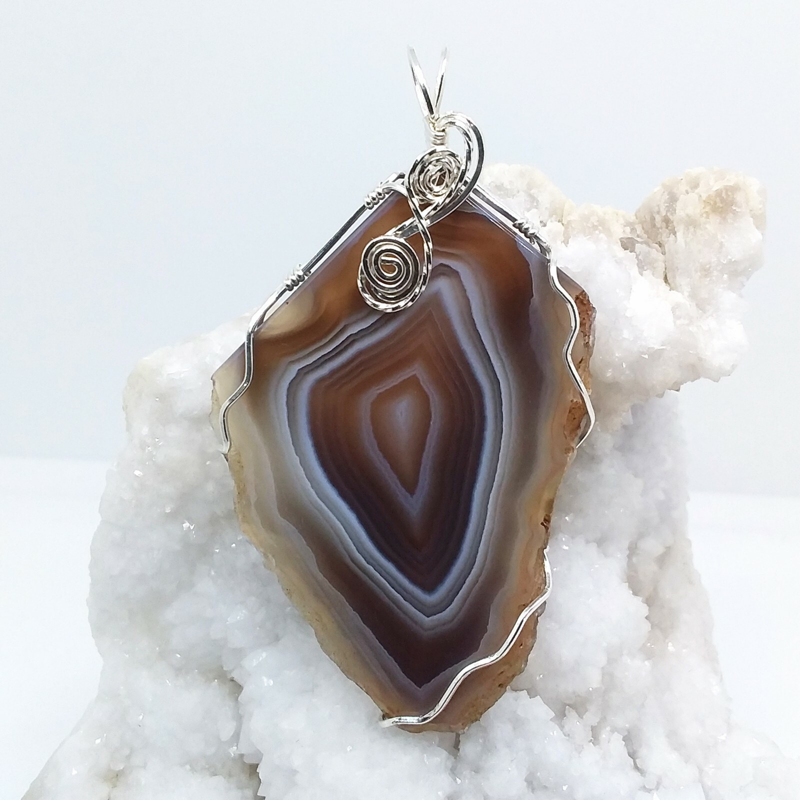 Botswana Agate, wire-wrapped, necklace, sterling silver, brown, white, #1935