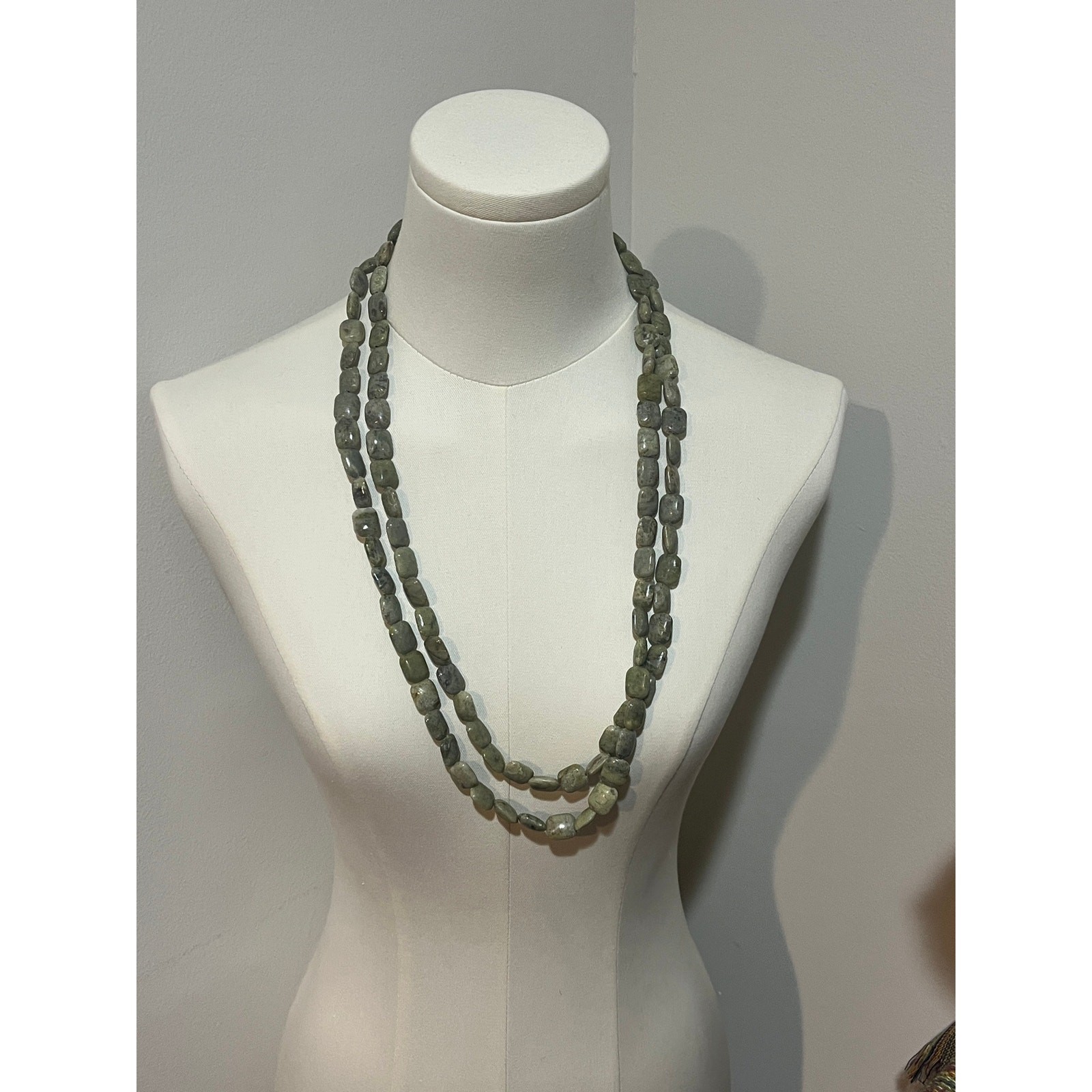 Vintage Irish Connemara Marble Beaded Necklace Green Stone 60” Long Strand