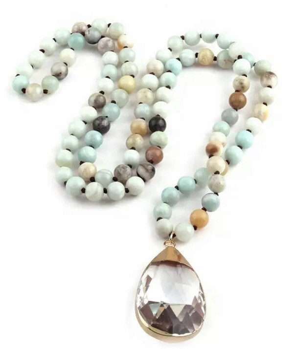 Handcrafted Boho Amazonite Beaded Crystal Pendant Necklace (knotted) GORGEOUS!