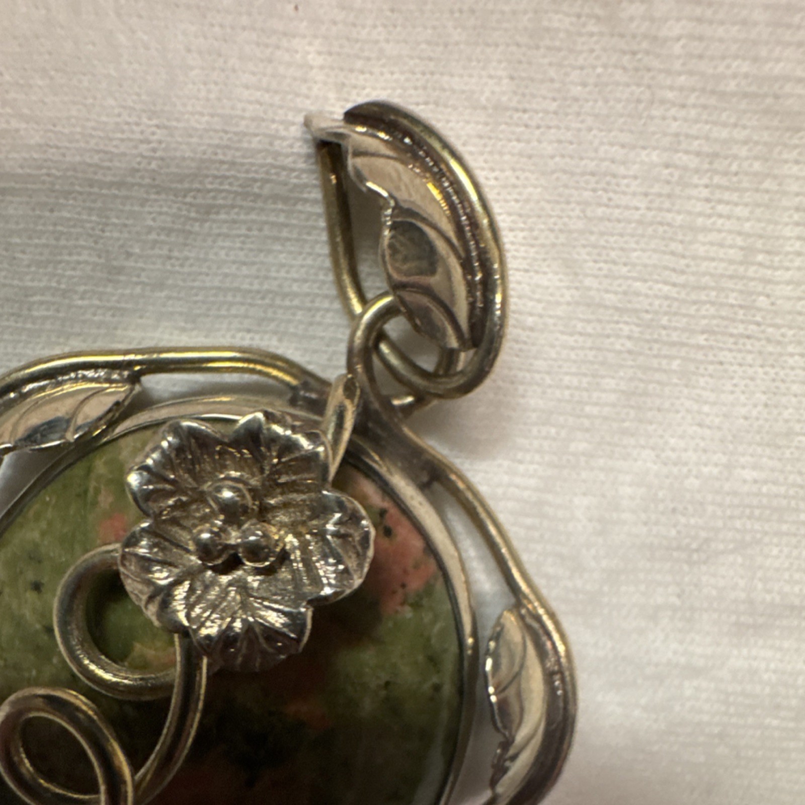 Unakite Stone Pendant, Brass Floral Design, Green Pink Oval, Handcrafted, Unisex